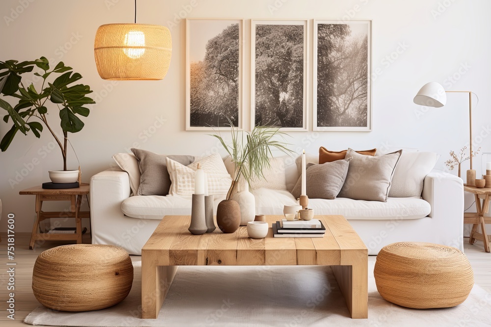 Obraz premium Scandinavian Boho Home: Voice-Activated Lighting, Wall Art, Wooden Coffee Tables
