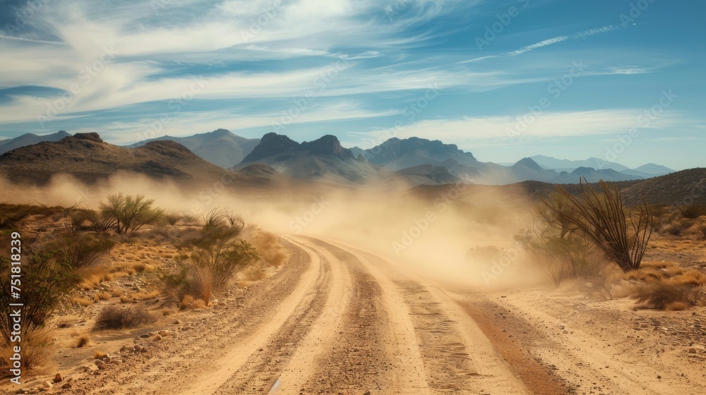 Dusty trail through desert landscape background