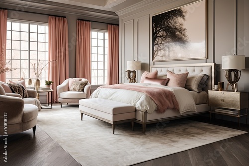 Luxurious Rugs and Elegant Furniture Set a Warm, Neutral Tone in Glam Bedroom