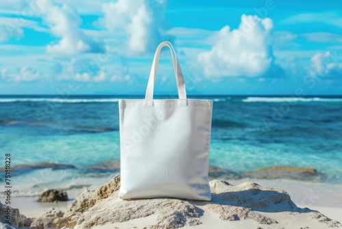 White tote bag with handle mockup layout canvas on a beautiful tropical beach with turquoise sea ocean nature paradise landscape background. Exotic vacation travel trip tourism concept with copy space