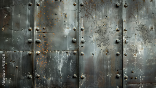 Advertising shot of not perfect, wrinkled black steel texture. Metal sheet with artificial bumps and rivets, close-up. High quality photo