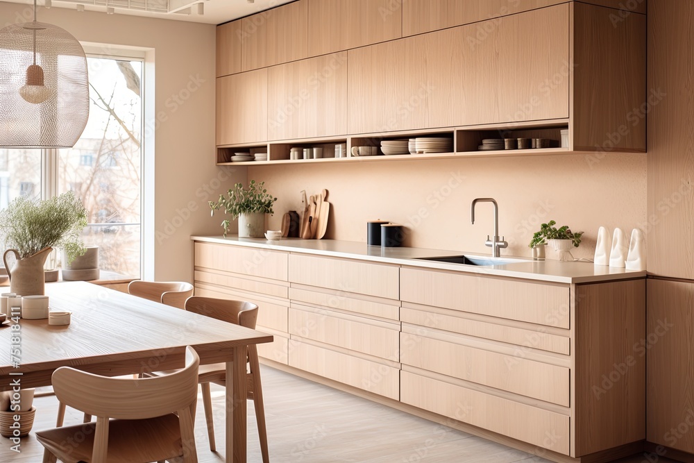 Fototapeta premium Nordic Kitchen: Warm and Neutral Color Schemes with Wooden Cabinets and Modern Lighting