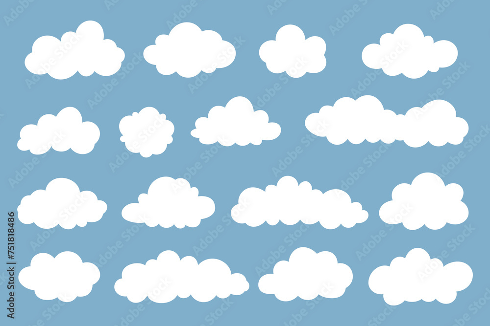 Clouds icons set on a blue background. Cartoon clouds vector set. Weather forecast symbols set