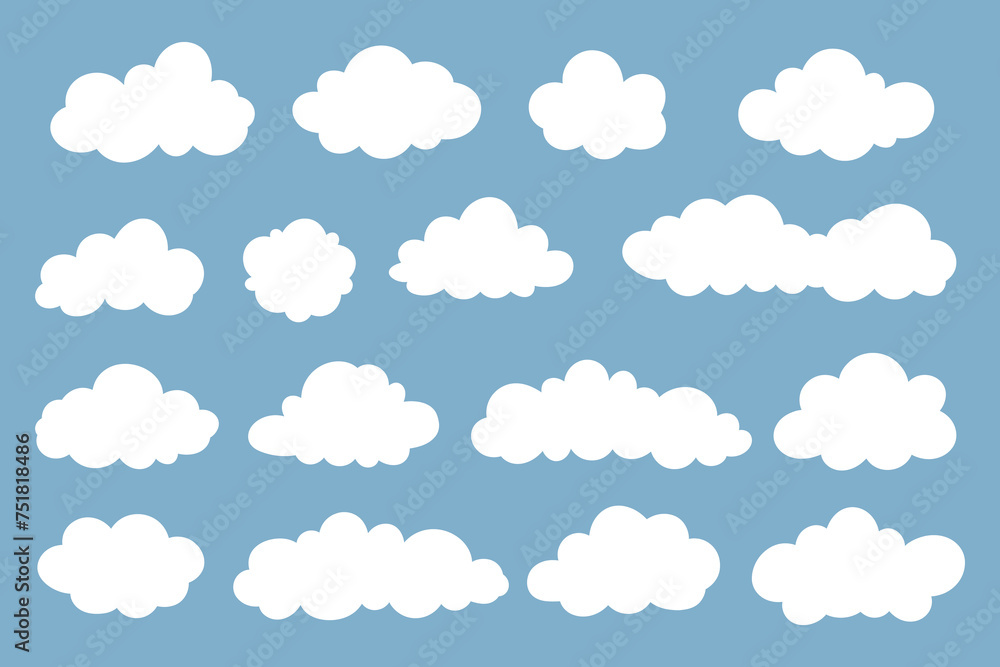 Clouds icons set on a blue background. Cartoon clouds vector set. Weather forecast symbols set Clouds icons set on a blue background. Cartoon clouds vector set. Weather forecast symbols set