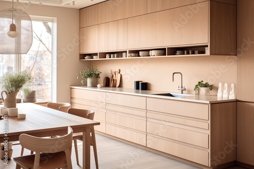Nordic Kitchen: Warm and Neutral Color Schemes with Wooden Cabinets and Modern Lighting