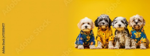 Creative animal concept. Havanese dog puppy in a group. vibrant bright fashionable outfits isolated on solid background advertisement. copy text space. birthday party invite invitation banner photo