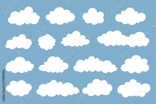 Clouds icons set on a blue background. Cartoon clouds vector set. Weather forecast symbols set