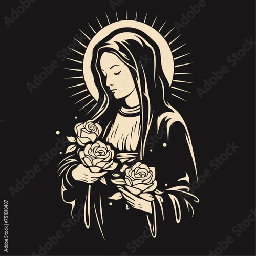 Vector illustration of The Mary Our Lady Virgin Mary Mother of Jesus, Holy Mary, madonna, with roses on black background, printable, suitable for logo, sign, tattoo, laser cutting, sticker