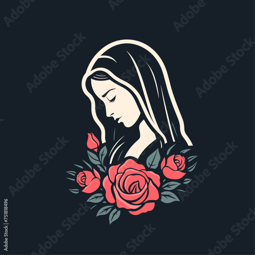 Vector illustration of The Mary Our Lady Virgin Mary Mother of Jesus, Holy Mary, madonna, with roses on black background, printable, suitable for logo, sign, tattoo, laser cutting, sticker