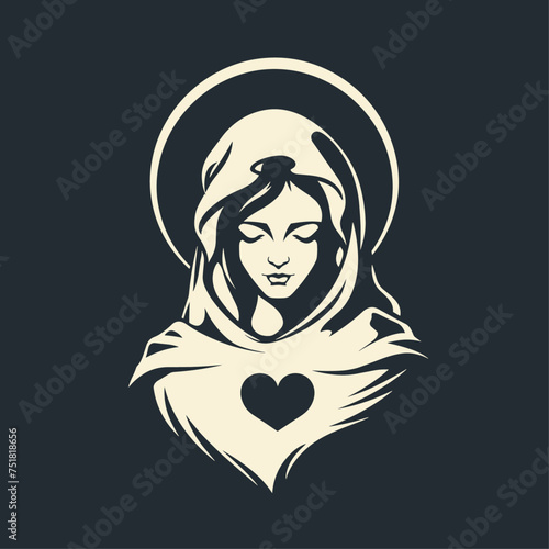 Vector illustration of The Mary Our Lady Virgin Mary Mother of Jesus, Holy Mary, madonna, beige on dark grey background, printable, suitable for logo, sign, tattoo, laser cutting, sticker