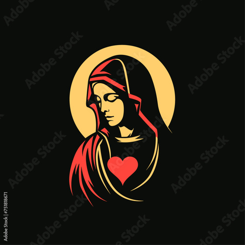 Vector illustration of The Mary Our Lady Virgin Mary Mother of Jesus, Holy Mary, madonna, red heart on black background, printable, suitable for logo, sign, tattoo, laser cutting, sticker