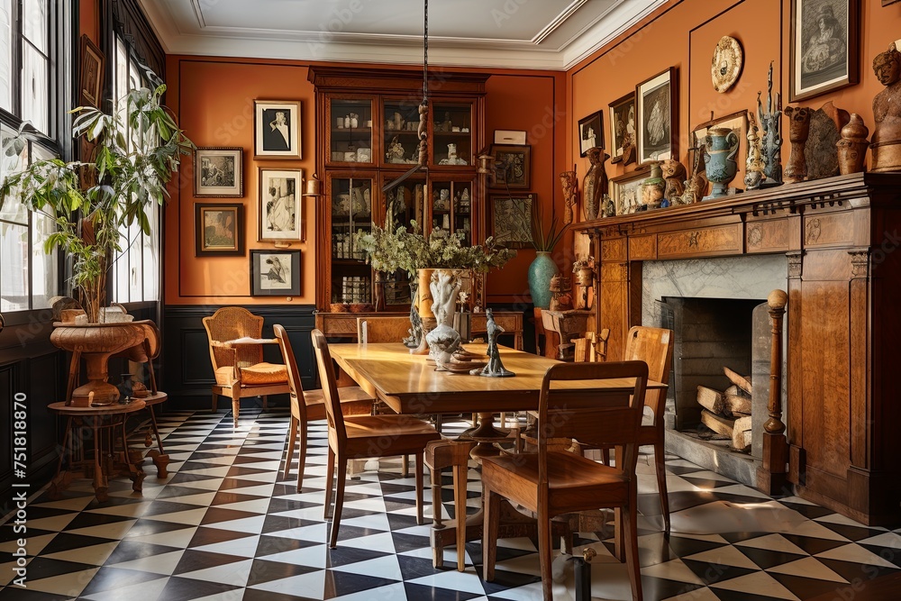 Wooden and Clay Art Deco Dining Room with Checkerboard Floors