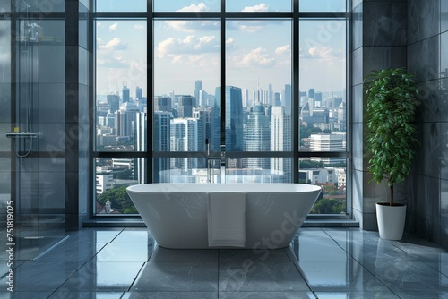 A sleek bathroom design with a large freestanding bathtub overlooks a sprawling cityscape, offering a feeling of open space and freedom © Milos
