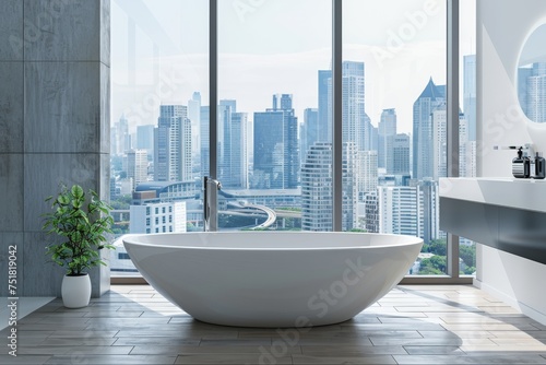 A luxurious bathroom with a sleek white bathtub offering a panoramic view of the urban landscape outside