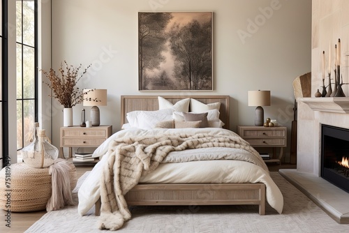 Chic Bedroom Glam: Velvet Bed with Wooden and Clay Decor Items