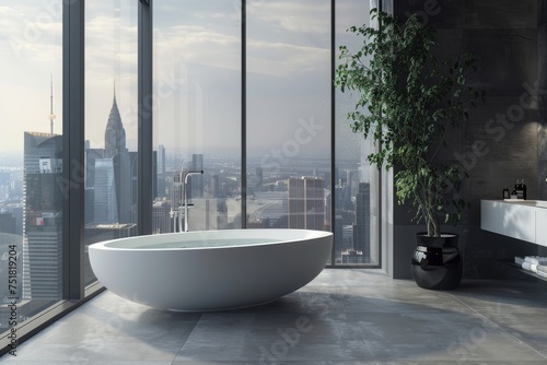 Contemporary bathroom with sleek design features and a floor-to-ceiling window overlooking the city