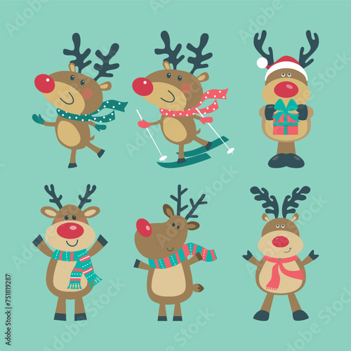 Christmas set of reindeer on blue background. 