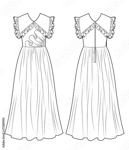 girls  dress flat sketch vector illustration dummer beach dress, sundress technical cad drawing template mock up volants elegant dress 