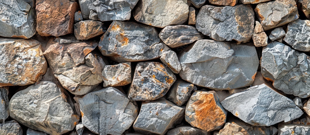 A close-up of a neat arrangement of rocks piled next to each other in a controlled and intentional structure. A close-up of a neat arrangement of rocks piled next to each other in a controlled and intentional structure.