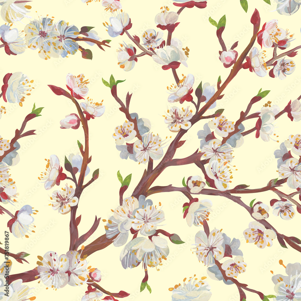 Fototapeta premium Sakura branches in a Seamless Asian oriental realistic pattern drawn