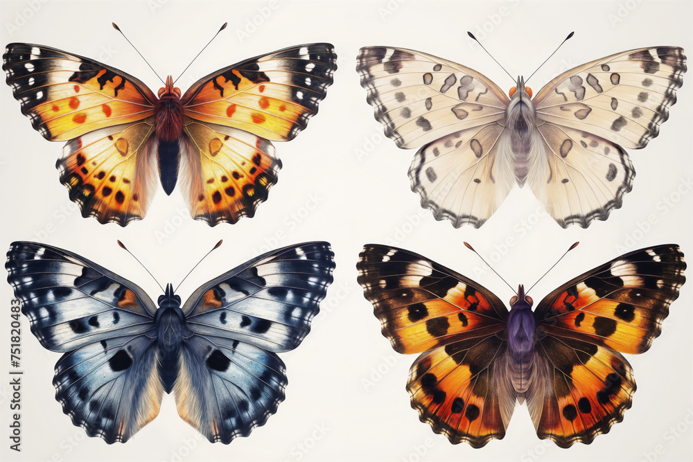 Obraz premium Four different types of butterflies, symmetrically arranged against a white background.
