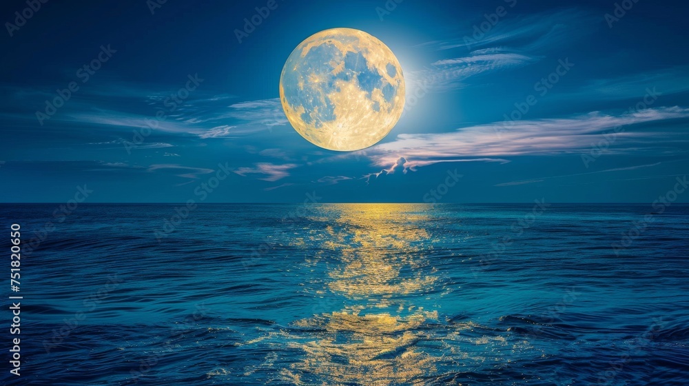 Gleaming full moon over calm ocean background - obrazy, fototapety, plakaty 
