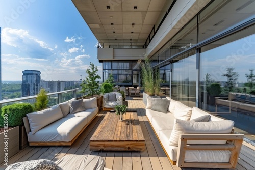 Elegant outdoor seating on a high-rise balcony present a sophisticated setting against city backdrop © Milos