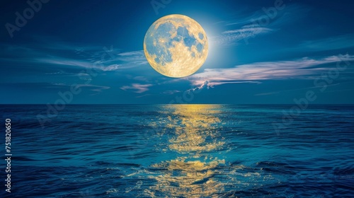Gleaming full moon over calm ocean background photo
