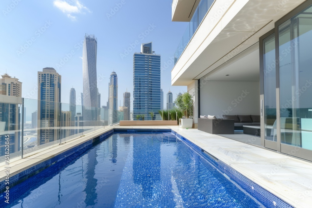 Obraz premium A contemporary designed poolside area featuring a panoramic view of towering skyscrapers under a blue sky