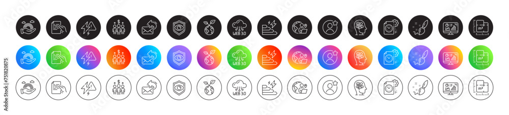 Project deadline, Floor plan and Hold document line icons. Round icon gradient buttons. Pack of Lgbt, Paint brush, Consumption growth icon. Meeting, Save planet, Stress pictogram. Vector