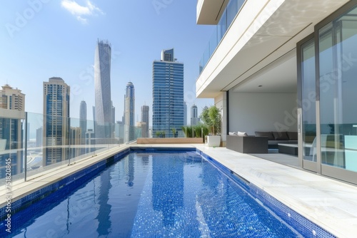 A contemporary designed poolside area featuring a panoramic view of towering skyscrapers under a blue sky