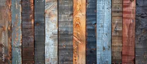 Detailed view of a weathered wooden fence displaying multiple hues of paint and natural wood tones. © FryArt