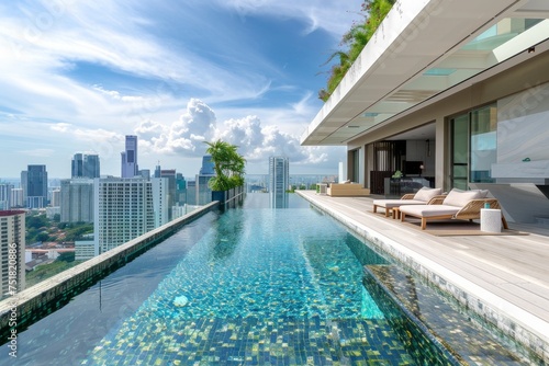 Strikingly beautiful edgeless swimming pool with a captivating panoramic cityscape view under a bright sky