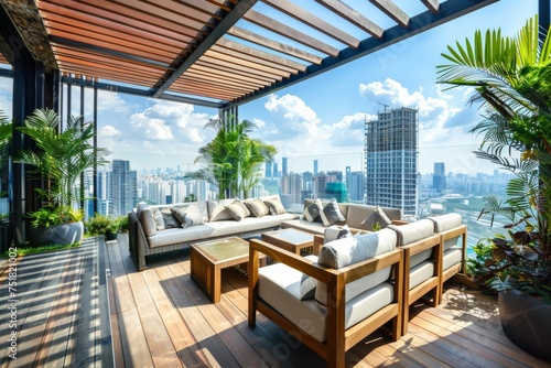 Experience a tropical paradise on this rooftop terrace, complete with wooden pergola and lush greenery against a city backdrop