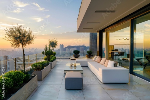 This evocative image offers a sunset view from a luxury apartment balcony, highlighting the blend of nature and urban living photo