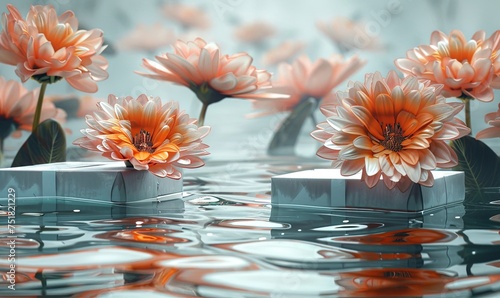 a boxes over some orange flowers floating on a water, in the style of kimoicore, ultra realistic, kaja foglio, illustrated advertisements, light silver and pink, rico lebrun, avian-themed photo