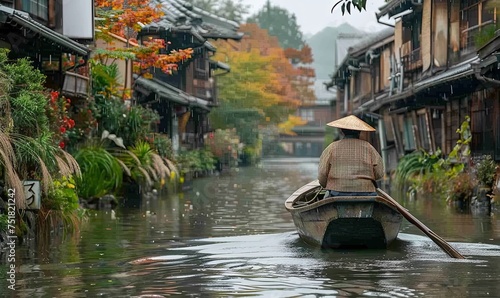 A boatman sails a boat along a river. arashiyama in the fall season along a river in kyoto, japan photo