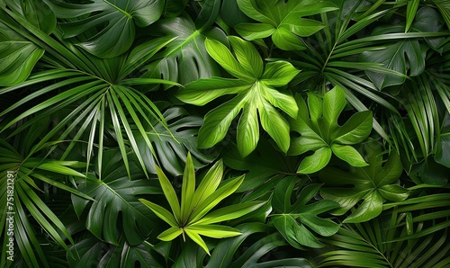 A close up of a bunch of green tropical exotic leaves