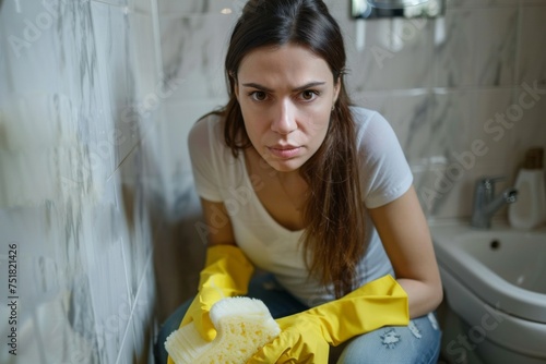 A young woman wearing yellow gloves looks tired and frustrated while scrubbing a tiled bathroom