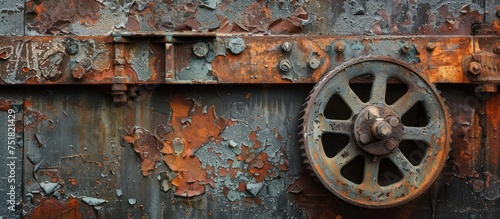 A weathered metal wall covered in rust with a rusty wheel attached to it.