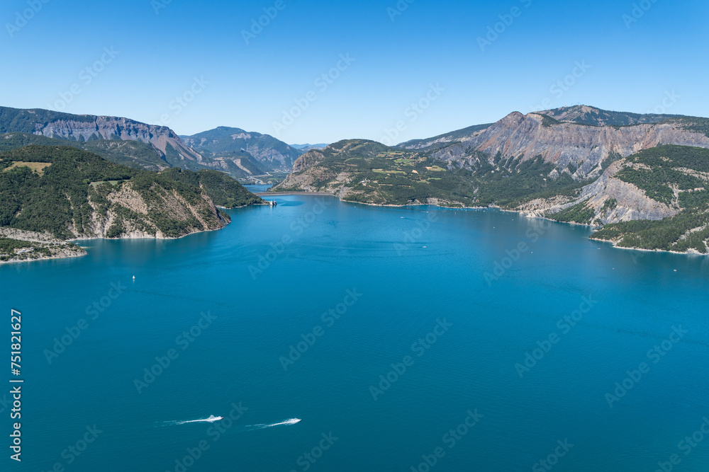 Scenic panorama of the Lake of Serre-Poncon, one of the largest reservoirs in Europe, Hautes-Alpes, France