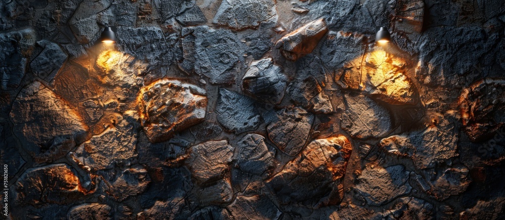 Bright lights shining on a textured rock wall up close, revealing intricate details and shadows. Bright lights shining on a textured rock wall up close, revealing intricate details and shadows.
