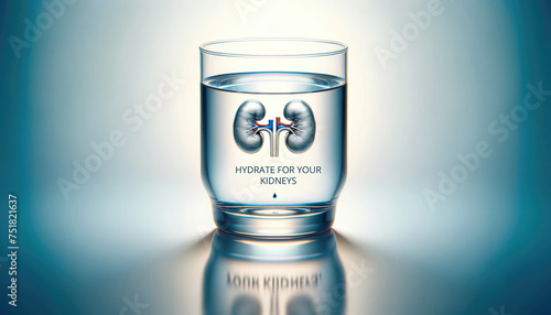 Glass of water kidney health message. Hydration for kidney health concept. Celebrating World Kidney Day. 