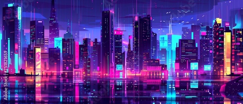 Futuristic cyberpunk cityscape with neon reflections