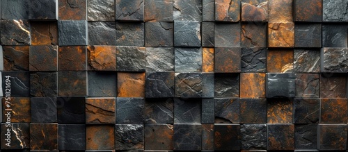 Detailed view of a wall built with black and brown tiles.