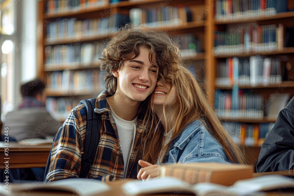 Two joyful students share an affectionate moment surrounded by books, featuring a young man and woman hugging with a smile Two joyful students share an affectionate moment surrounded by books, featuring a young man and woman hugging with a smile