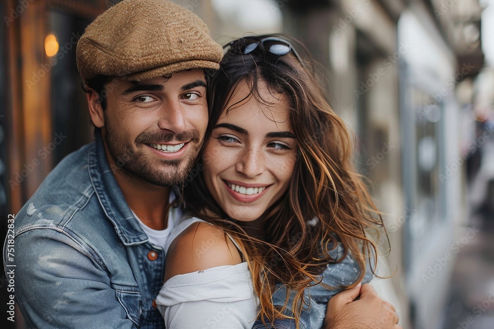 A joyful young couple is seen hugging each other on a busy city street, both smiling and looking into the camera A joyful young couple is seen hugging each other on a busy city street, both smiling and looking into the camera