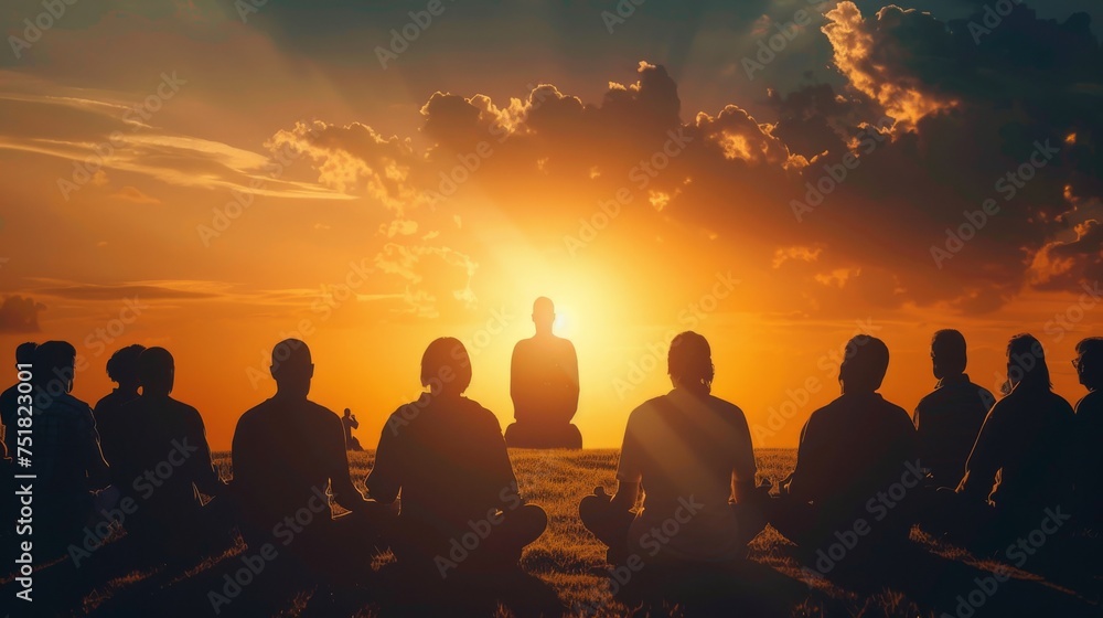 Jesus Christ silhouette leading a group in mindfulness meditation at a city retreat.