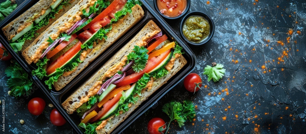 A top-down view of an office table showcasing two trays filled with a variety of sandwiches. The sandwiches are neatly arranged and ready to be enjoyed. A top-down view of an office table showcasing two trays filled with a variety of sandwiches. The sandwiches are neatly arranged and ready to be enjoyed.