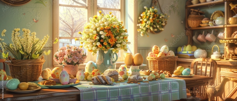 Easter table setting with festive decorations and pastel tones Easter table setting with festive decorations and pastel tones